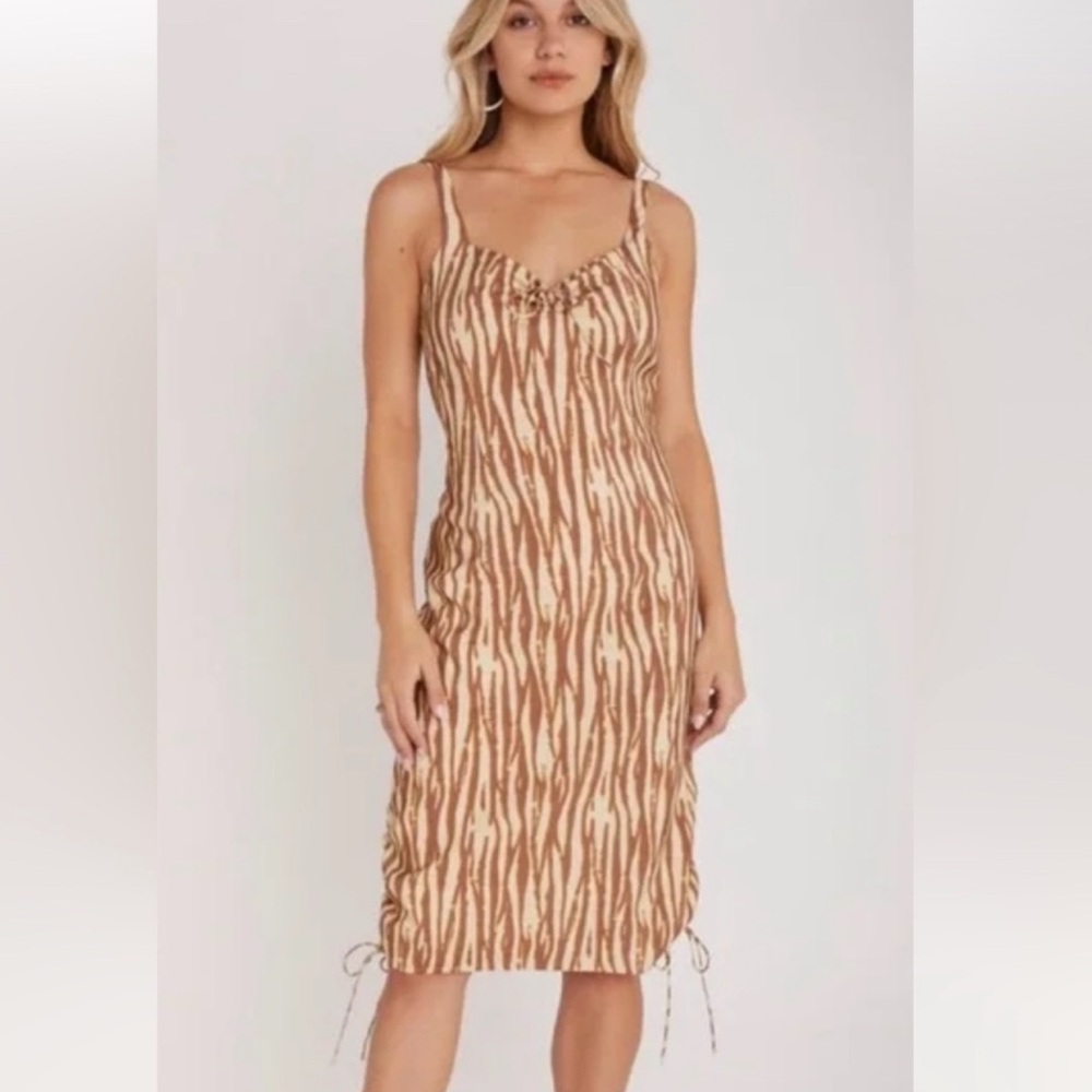 Backyard Roses Ryder Brown and Beige Zebra Print Lined Midi Dress NWT